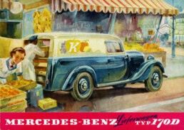 Mercedes-Benz 170 D Kasten-Lieferwagen mit „Sindelfinger Karosserie“. Titelblatt des Prospekts von 1952 mit einer Illustration von Hans Liska. (Fotosignatur der Archive von Mercedes-Benz Classic: 1998DIG11)